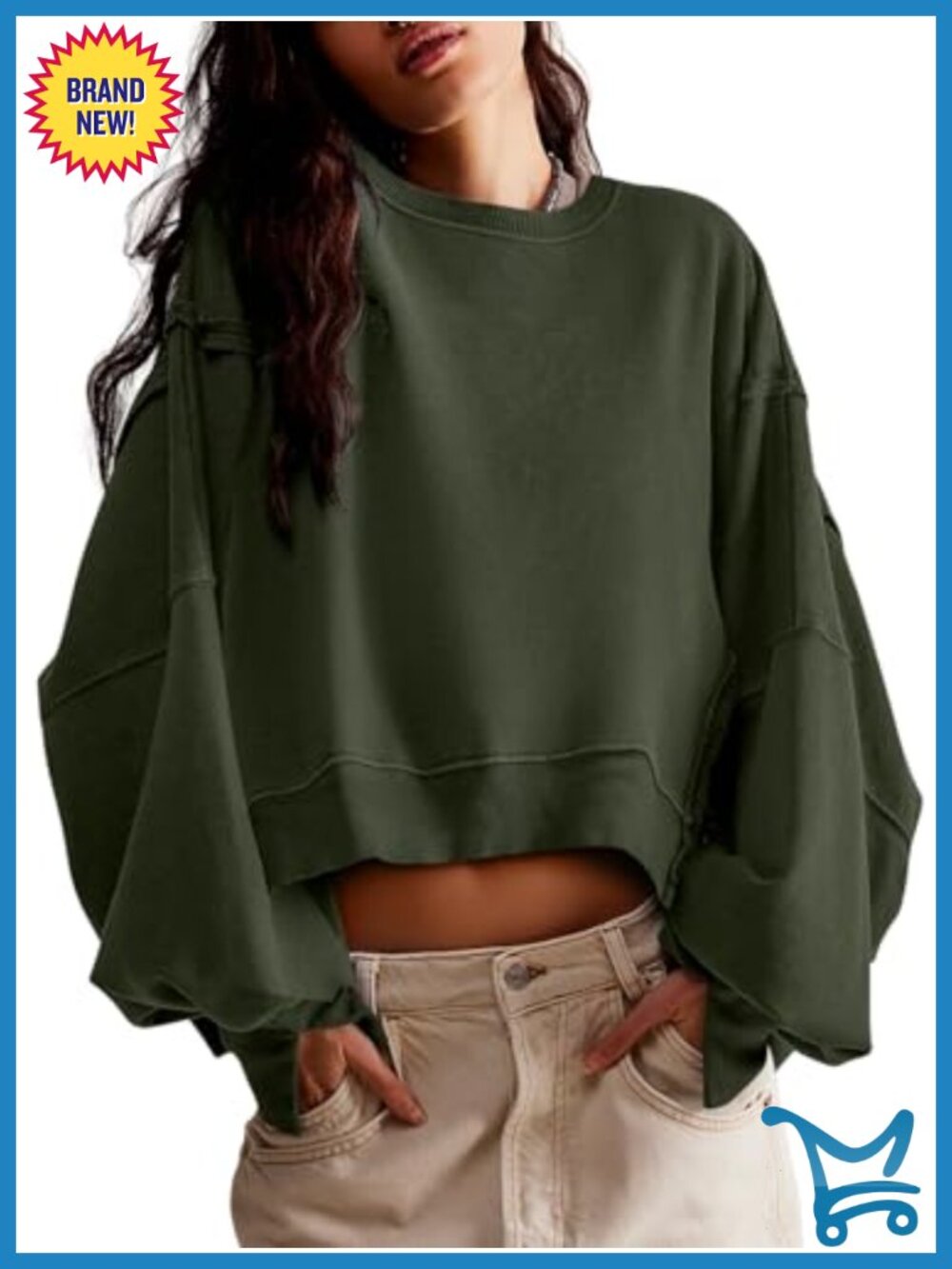 Loose Fit Crop Sweatshirt Long Sleeve Crew Neck Pullover